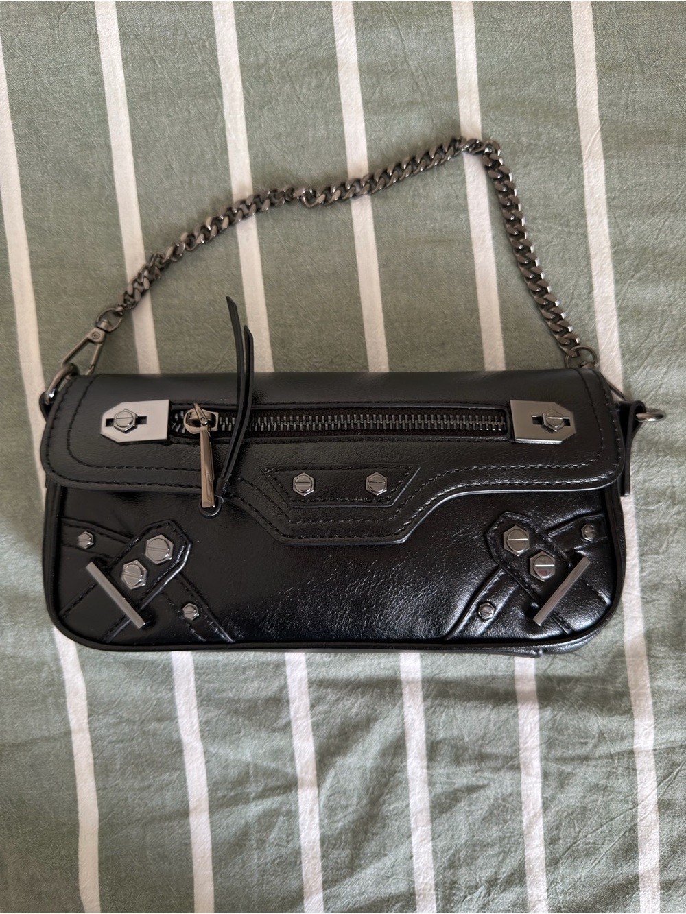 Aldo Black Leather Chain-Handle Shoulder Bag with Stud Accents